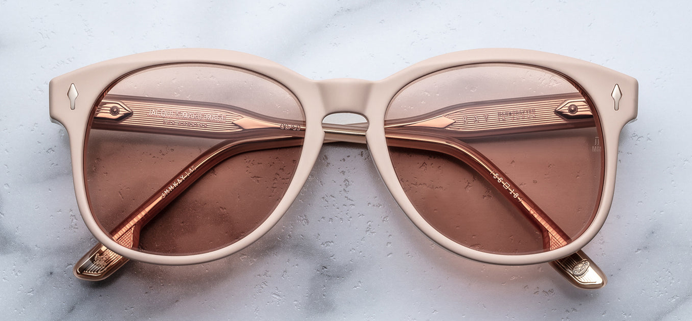Front view of Jacques Marie Mage Kay sunglasses in dust suede matte pastel acetate with light brown lenses.