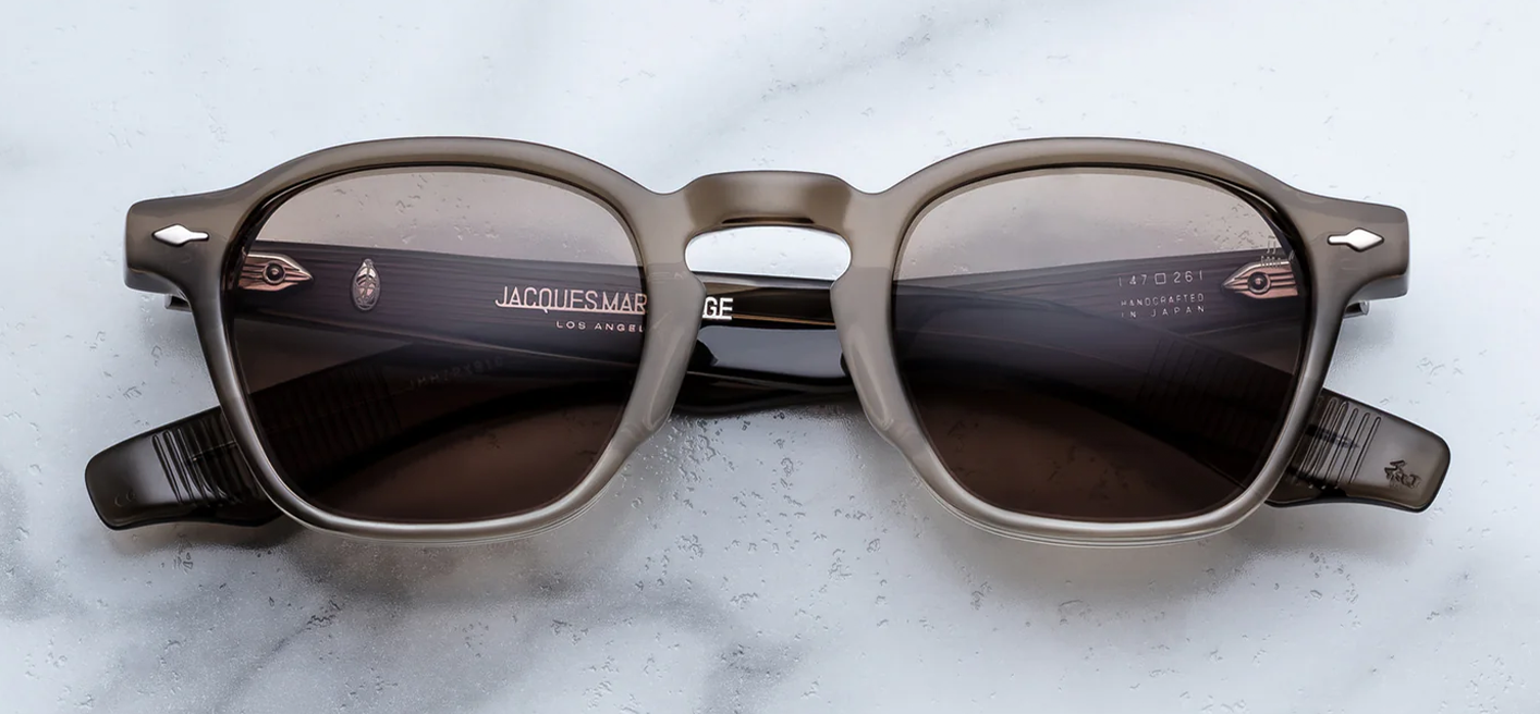 Jacques Marie Mage Zephirin Lescot sunglasses front view, pre-WWII rectangular acetate frame with brass lenses and silver arrowhead pins
Front view of JMM Zephirin Lescot frame, slim rectangular silhouette with sculpted temples and luxury acetate finish