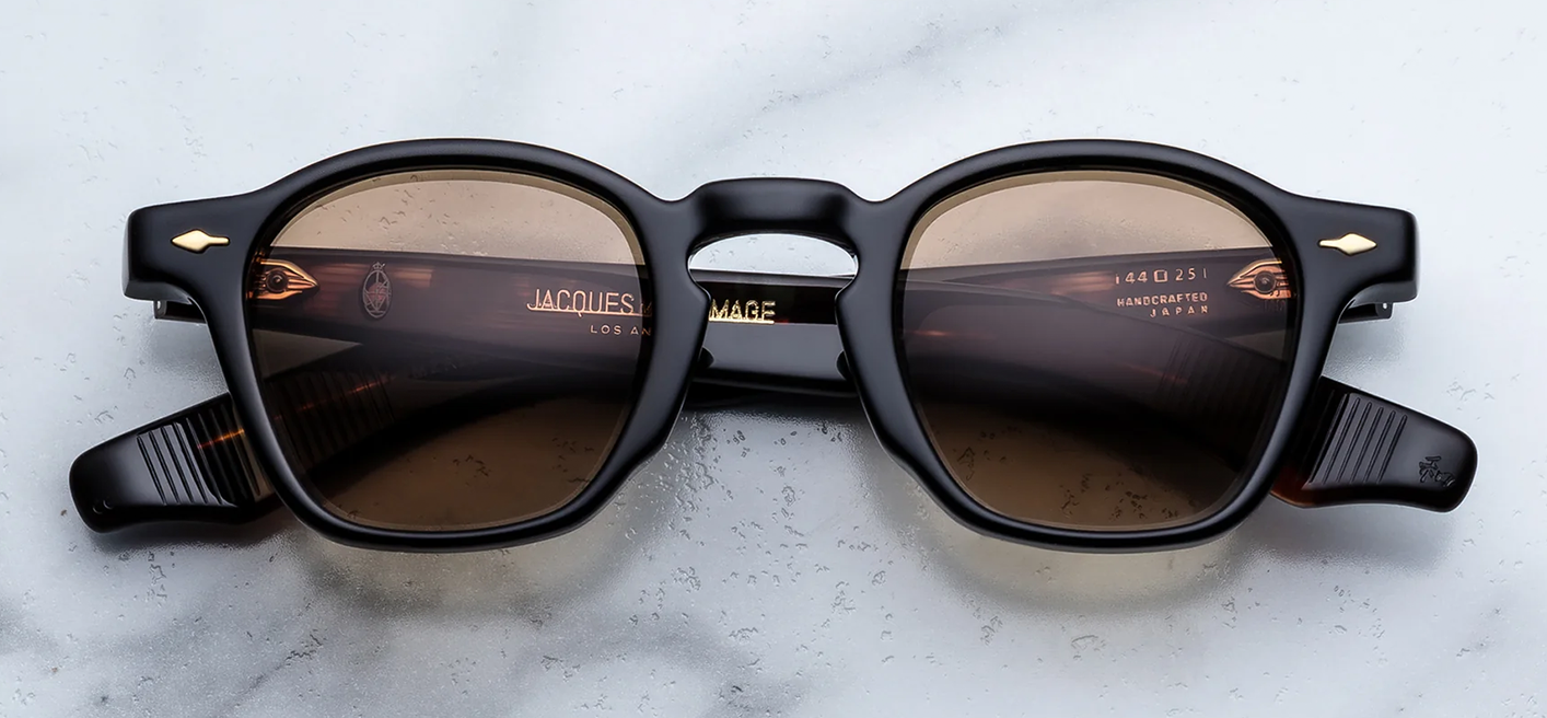 Jacques Marie Mage Zephirin Noir 15 sunglasses front view featuring a polished black 10mm acetate frame, iconic P3 silhouette and brass gradient CR39 lenses