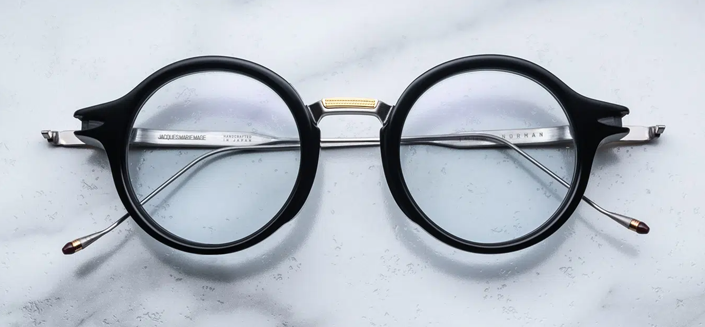 Front view of Jacques Marie Mage Norman optical frames in noir, featuring a bold rectangular acetate front with refined metal hardware accents.
