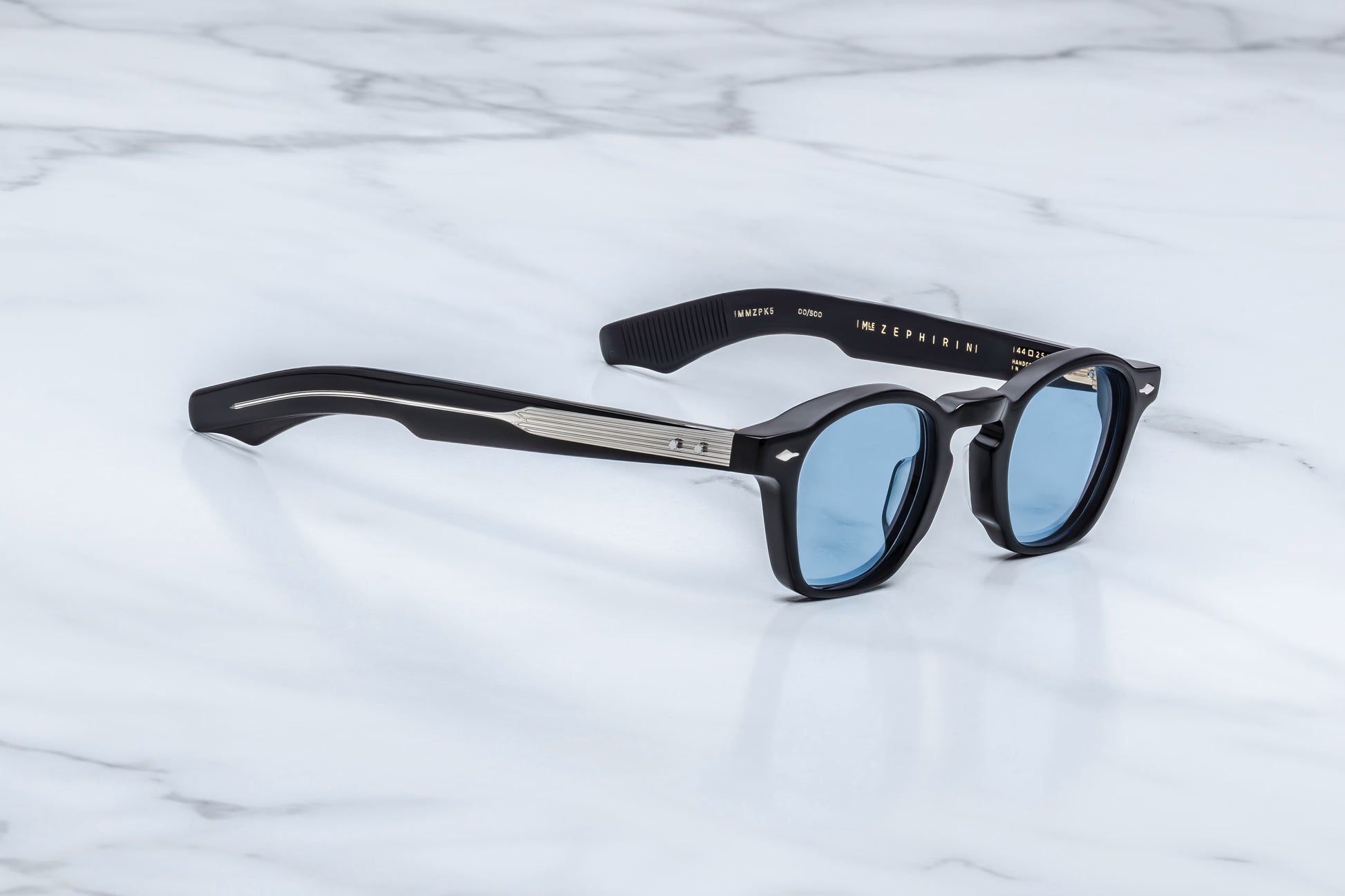 Jacques Marie Mage Zephirin Obscure sunglasses side profile showcasing sculpted black acetate temples, sterling silver hardware and exposed wirecore detailing