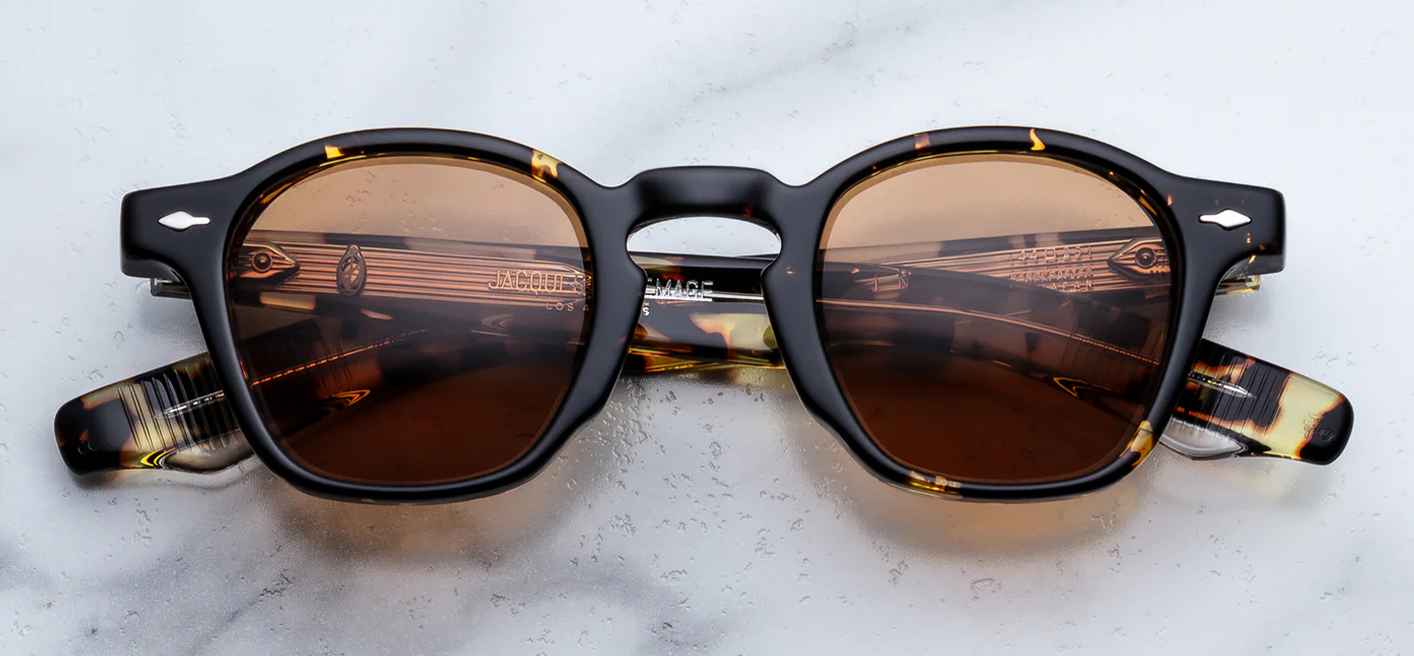 Jacques Marie Mage Zephirin Tokyo sunglasses front view featuring rich Havana acetate, iconic P3 silhouette and vibrant orange CR39 lenses