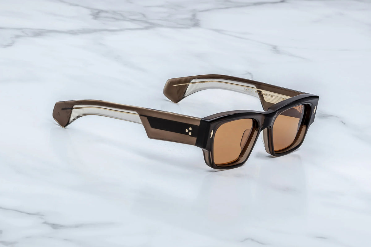 Side profile of JMM Zimmerman London glasses showing bold double-laminated dark brown and clear beige temples.