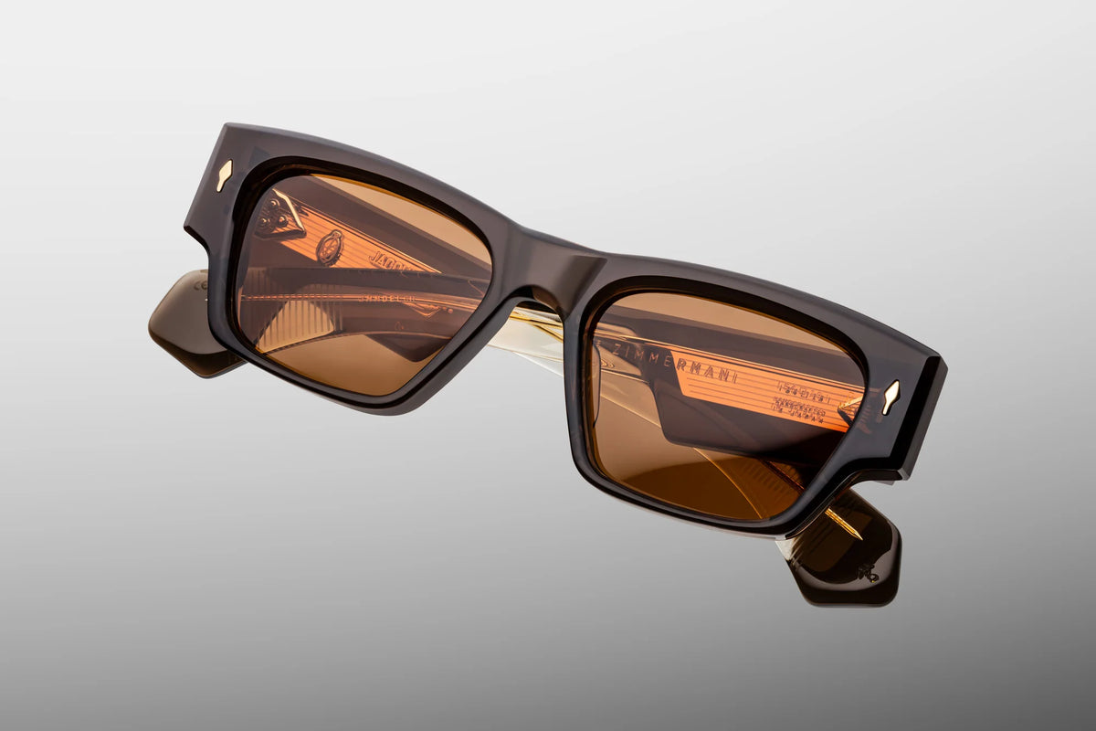 Macro view of 10mm block acetate front and 18k dark gold arrowhead pins on JMM Zimmerman London frames.