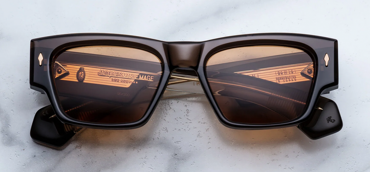 Jacques Marie Mage Zimmerman London luxury sunglasses with dark brown acetate frame and orange lenses front view.
