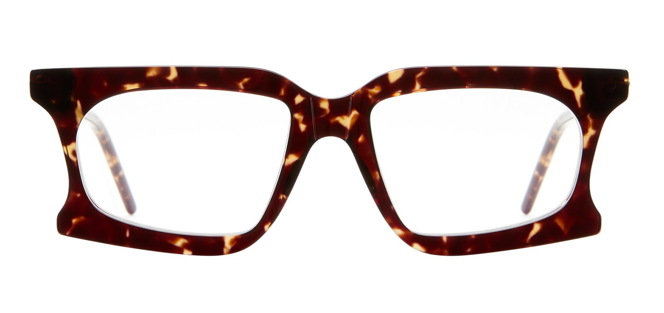 Front view of Kuboraum D73 rectangular acetate glasses — bold, flared-rim frame with clear demo lenses