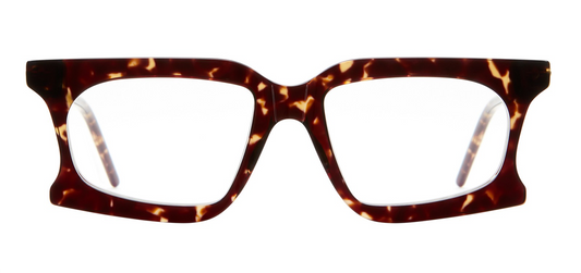 Front view of Kuboraum D73 rectangular acetate glasses — bold, flared-rim frame with clear demo lenses