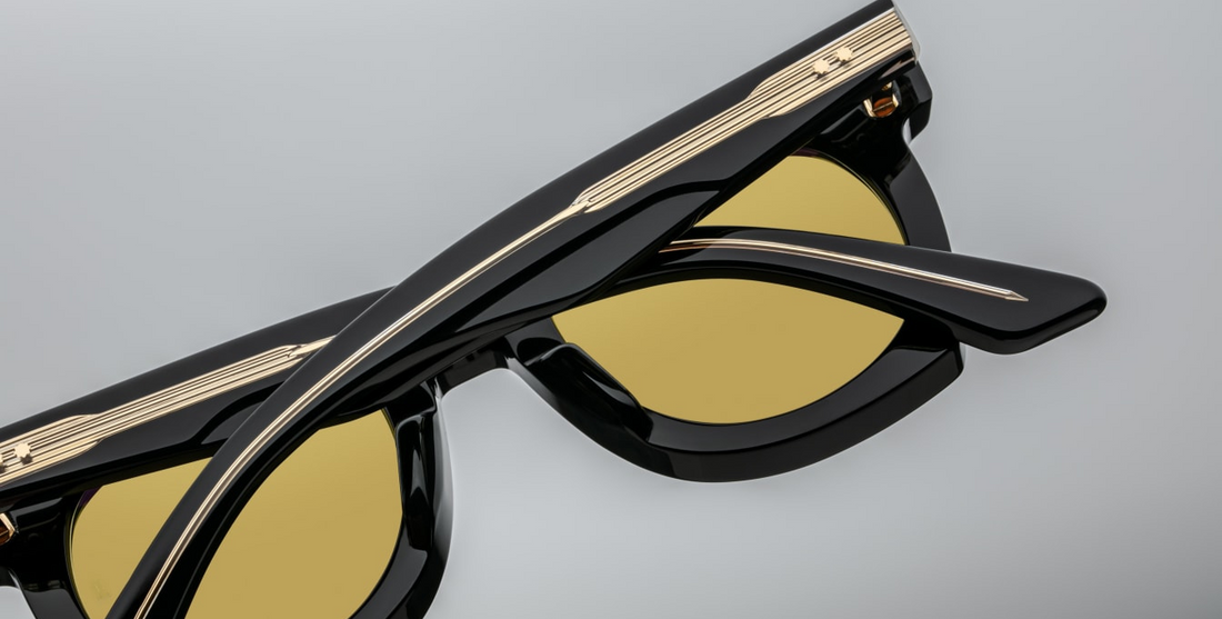 Sleek '50s inspired glasses with graceful lines, signature double-arrowhead front pins, and custom double-laminated temples with refined 'Lever' wire core. Limited edition of 500 pieces. Handcrafted in Japan. Size 45/24. 