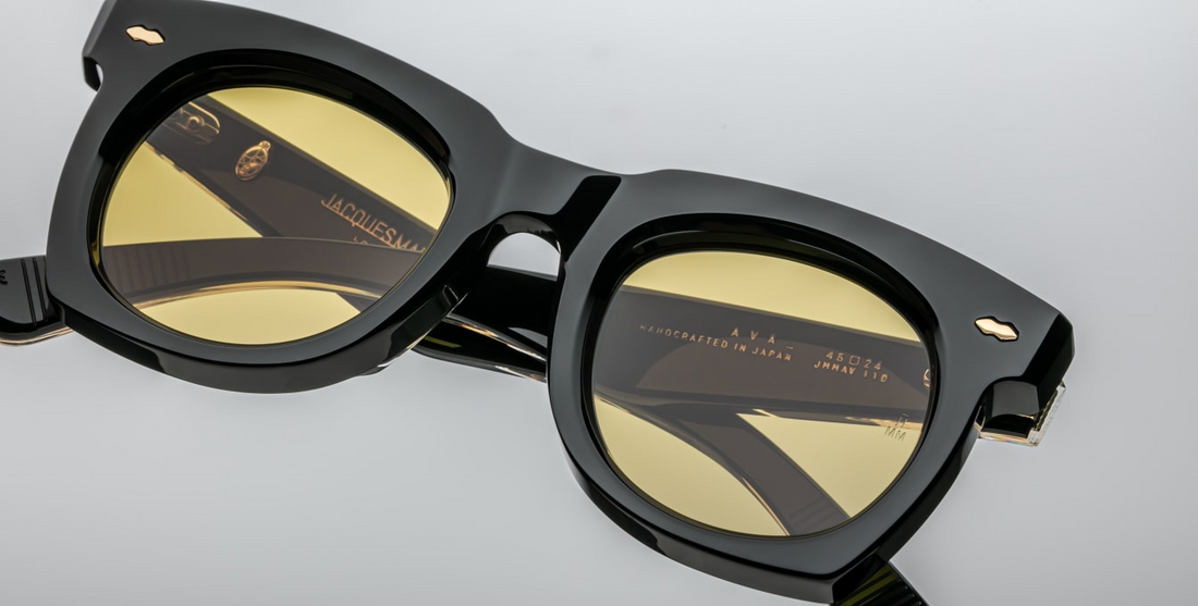 Sleek '50s inspired glasses with graceful lines, signature double-arrowhead front pins, and custom double-laminated temples with refined 'Lever' wire core. Limited edition of 500 pieces. Handcrafted in Japan. Size 45/24. 