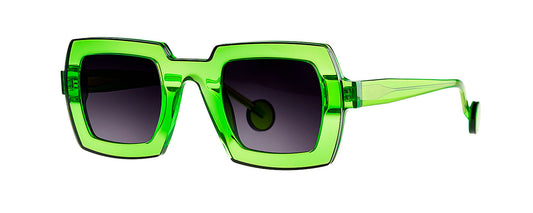 Theo eyewear model Henri in green, featuring a unique geometric frame design with a bold, modern aesthetic.