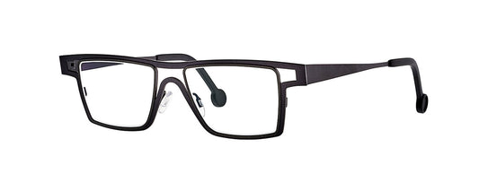 Theo Lemon Curd eyewear in grey and black, featuring a unique and modern design with a bold frame and distinctive geometric shapes.