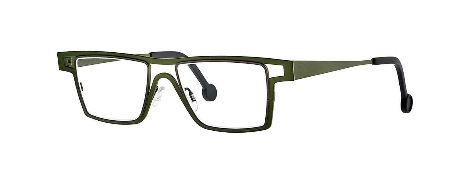 Theo Lemon Curd eyewear in Olive & Green color, featuring a unique, modern design with a bold frame and distinctive shape, suitable for fashion-forward individuals seeking stylish and vibrant glasses.