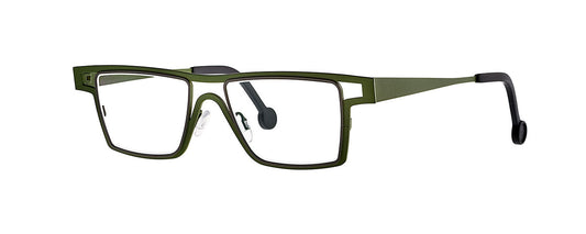 Theo Lemon Curd eyewear in Olive & Green color, featuring a unique, modern design with a bold frame and distinctive shape, suitable for fashion-forward individuals seeking stylish and vibrant glasses.