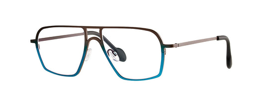 Theo Palatino eyewear in brown and blue, featuring a unique geometric frame design with a blend of warm brown and cool blue colors, showcasing a modern and stylish look.