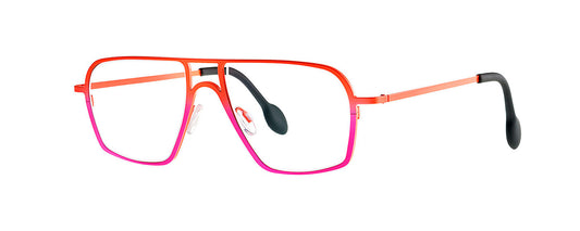 Theo Palatino eyewear in pink and orange, featuring a unique and bold design with a geometric frame shape, showcasing a vibrant color combination suitable for fashion-forward individuals.