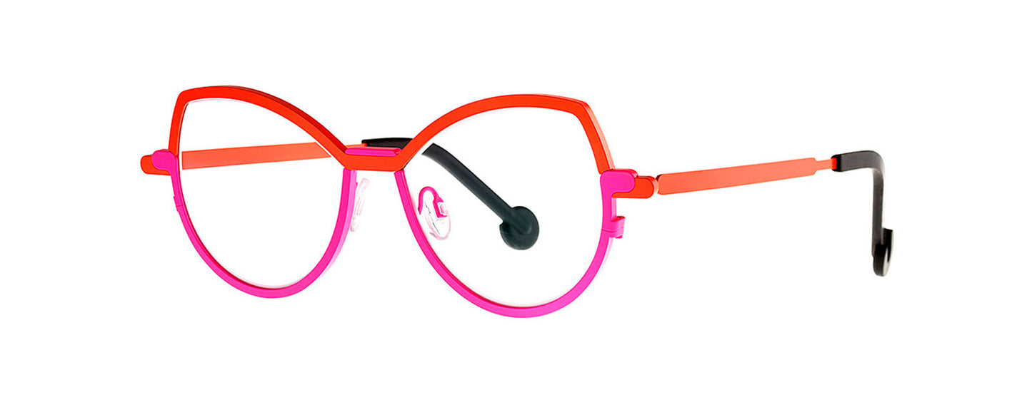 Theo Strip eyewear in vibrant orange and pink colors, featuring a unique and modern design with a bold, geometric frame.