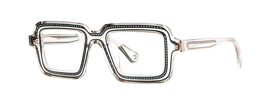 
THEO YI IN COLOUR 002 TRANSPARENT CRYSTAL WITH BLACK PATTERN IN THE THEO BOURBON WAY EYEWITNESS FAMILY AVAILABLE AT WINK OPTOMETRISTS MELBOURNE AUSTRALIA. THEO LOVES YOU
